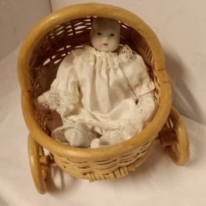 Antique Bisque Asian Doll in Woven Wood Carriage Handmade